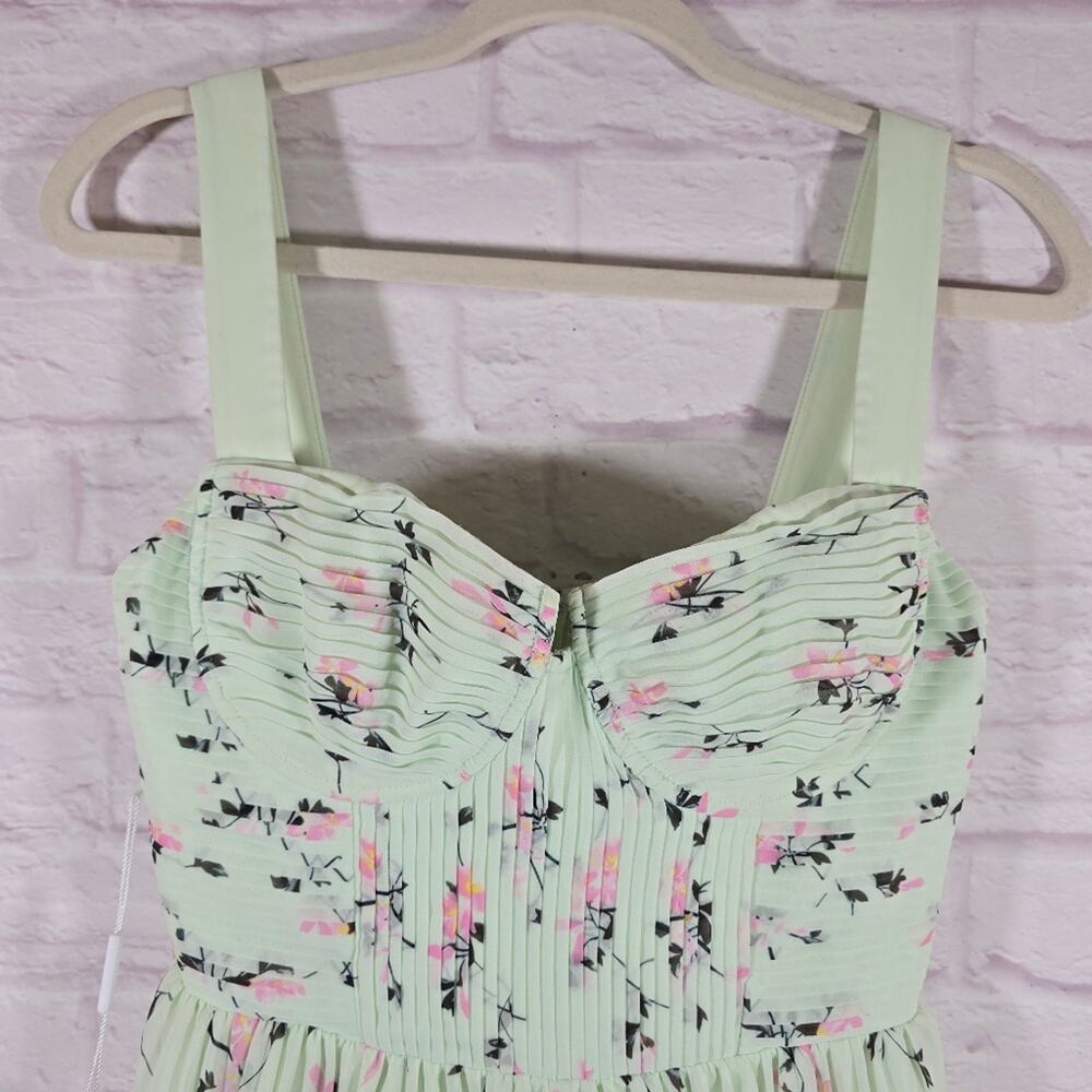 MS Self-Portrait Green Floral Pleat Mini Dress Women Size 2 NWT Sweetheart Cute - Picture 2 of 15